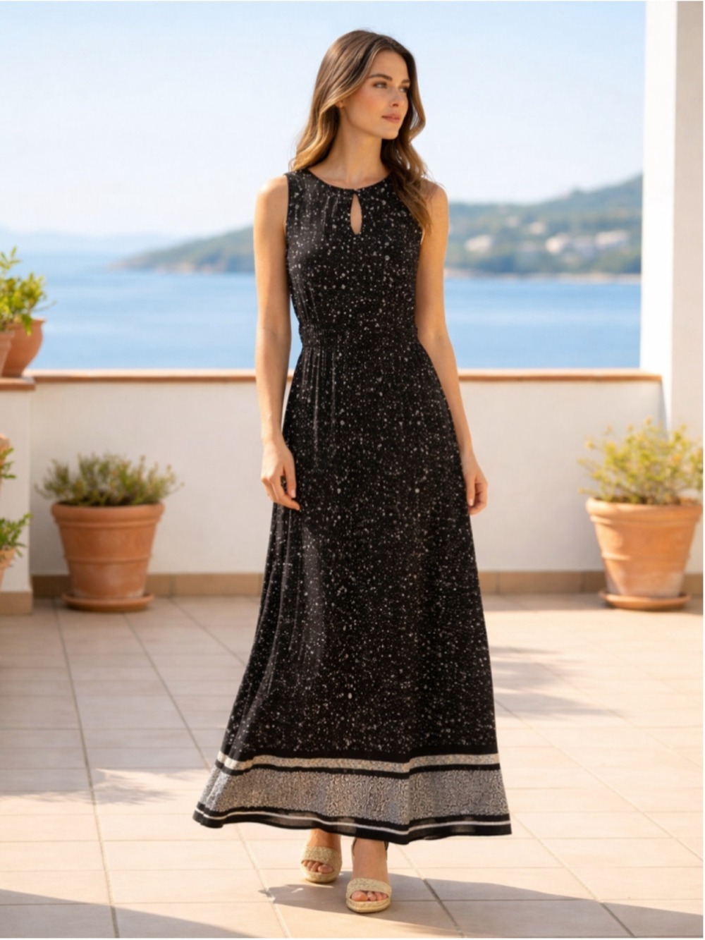 Michael Kors Nora Maxi Dress Sz S Black White Sleeveless Celestial Dark Romantic